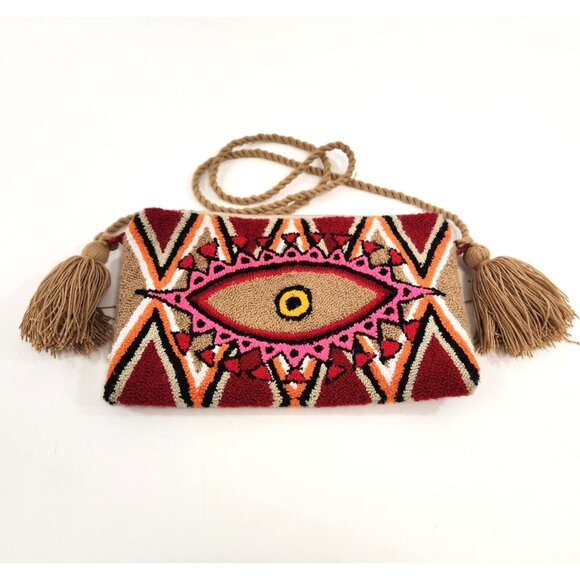 Wayuu Third Eye Clutch Bag Purse Tassels Deep Red Beige Handmade Colombia - Picture 1 of 13